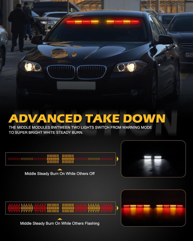 HLauto 604N Emergency Dash Strobe Lights: 2x16.8 inch Amber Red Security Light w/Take Down, 48 LED Safety Flashing Warning Hazard Interior Windshield Light Bar for Trucks Vehicles - Image 4